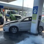 Acidente com Fiat Uno causando vazamento de GNV em estação na Asa Norte, Brasília, com viaturas de bombeiros no local.
