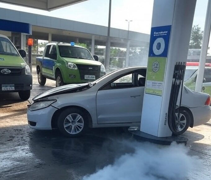 Acidente com Fiat Uno causando vazamento de GNV em estação na Asa Norte, Brasília, com viaturas de bombeiros no local.