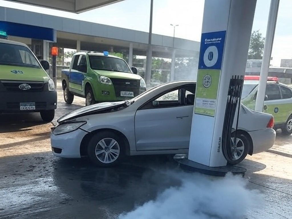 Acidente com Fiat Uno causando vazamento de GNV em estação na Asa Norte, Brasília, com viaturas de bombeiros no local.