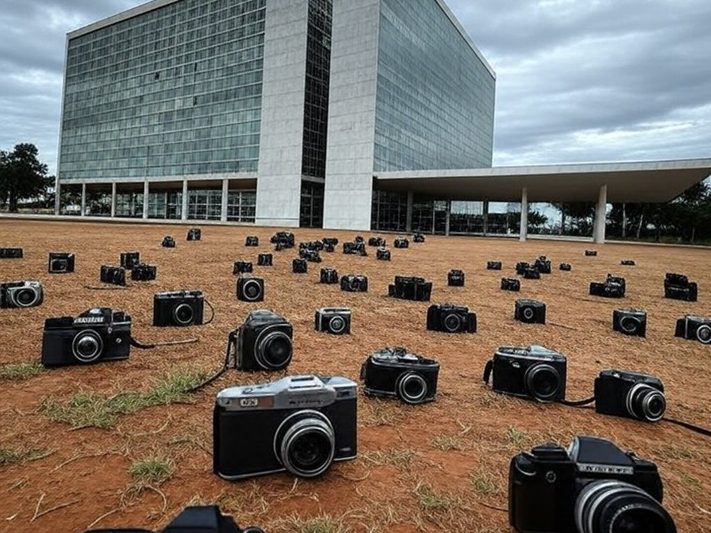 Vista de Brasília com Esplanada dos Ministérios e Congresso Nacional, destacando desafios urbanos e restrições orçamentárias, com câmera fotográfica simbolizando concurso.