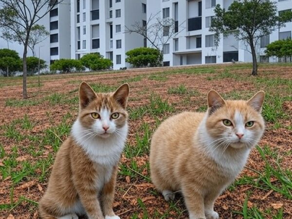 Condomínio residencial em Brasília com gatos de rua, representando lei de proteção a protetores de animais contra punições opressivas no DF.
