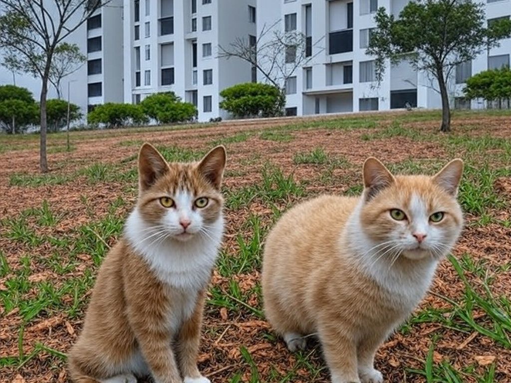 Condomínio residencial em Brasília com gatos de rua, representando lei de proteção a protetores de animais contra punições opressivas no DF.