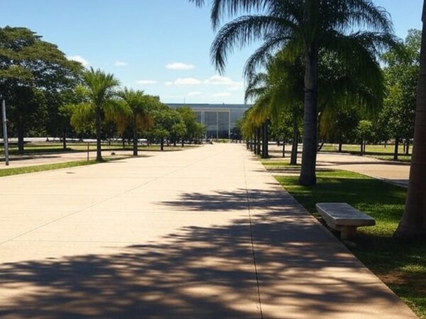 Rua em Brasília com edifícios governamentais, representando plano de inclusão para pessoas em situação de rua.