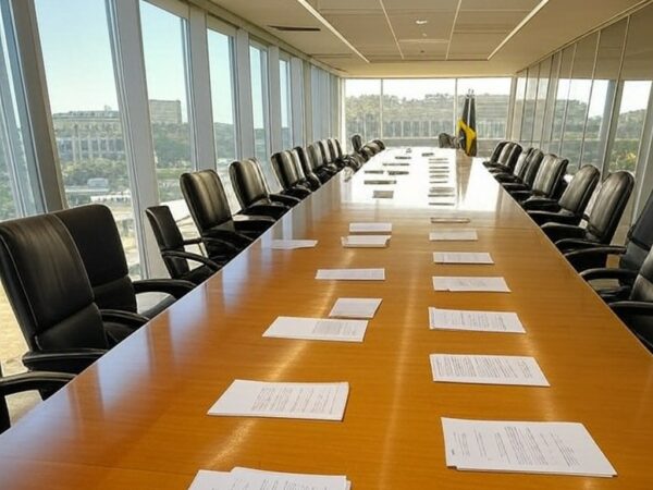 Sala de reuniões governamental no Brasil com bandeiras e documentos sobre reforma tributária e vetos presidenciais.