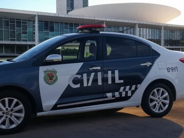 Viatura da Polícia Civil do DF em frente a hospital em Brasília, ilustrando investigação de fraude em atestados médicos.