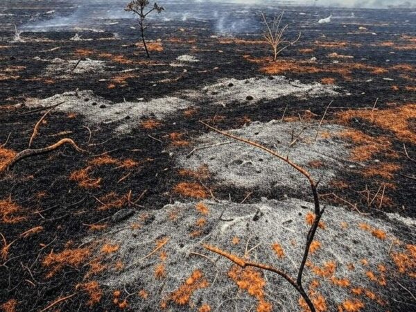 Área de cerrado queimada no Distrito Federal, com fumaça e vegetação destruída, ilustrando impactos ambientais.