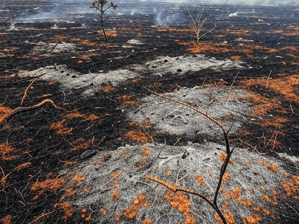 Área de cerrado queimada no Distrito Federal, com fumaça e vegetação destruída, ilustrando impactos ambientais.
