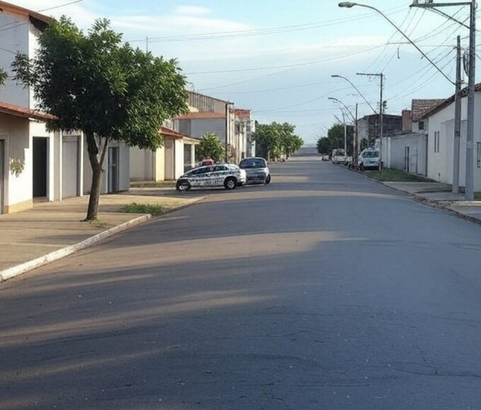 Rua residencial em Samambaia com viatura da Polícia Militar do DF estacionada, representando detenção por suspeita de sequestro.