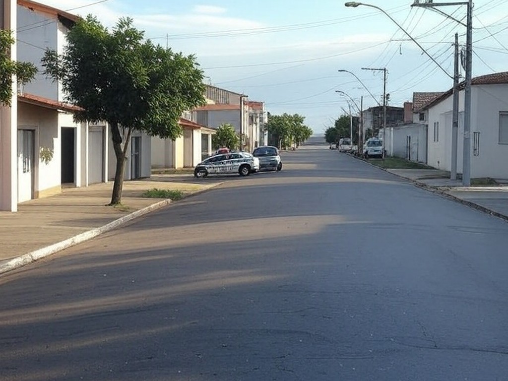Rua residencial em Samambaia com viatura da Polícia Militar do DF estacionada, representando detenção por suspeita de sequestro.