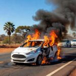 Incêndio em Ford Fiesta causa paralisação de tráfego na DF-001 perto do Jardim Botânico em Brasília.