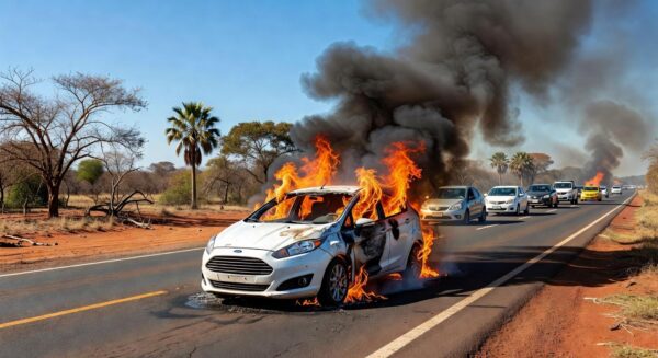 Incêndio em Ford Fiesta causa paralisação de tráfego na DF-001 perto do Jardim Botânico em Brasília.