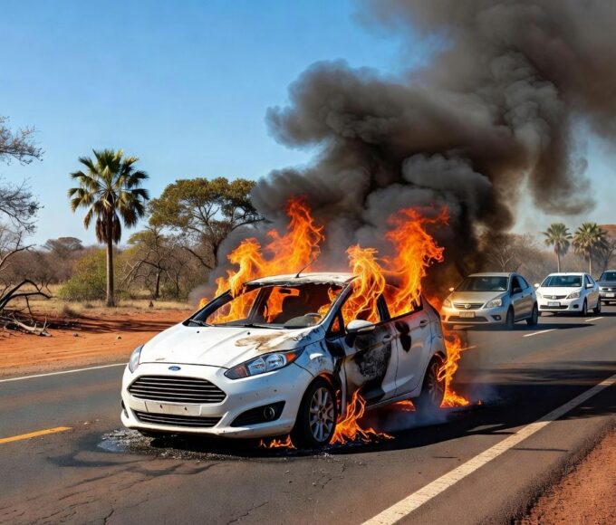 Incêndio em Ford Fiesta causa paralisação de tráfego na DF-001 perto do Jardim Botânico em Brasília.