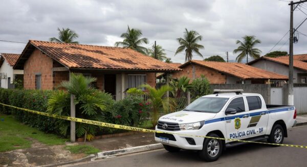 Viatura policial em frente a casa em Sobradinho, representando prisão por violência doméstica e cárcere privado.