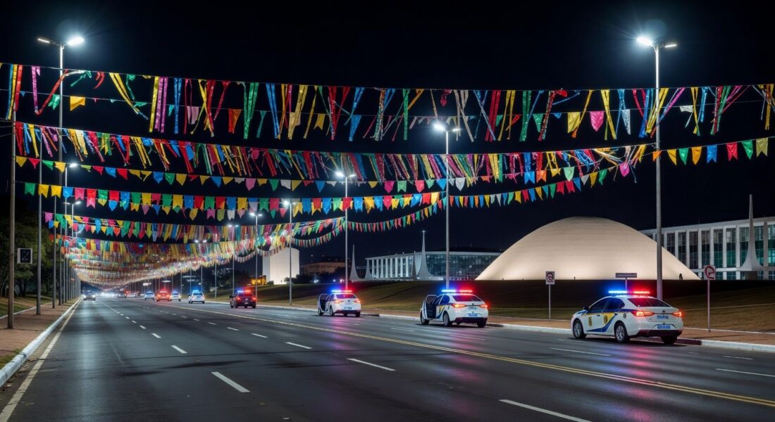 Rua em Brasília no Carnaval com confetes e viatura policial, simbolizando balanço positivo sem ocorrências graves.