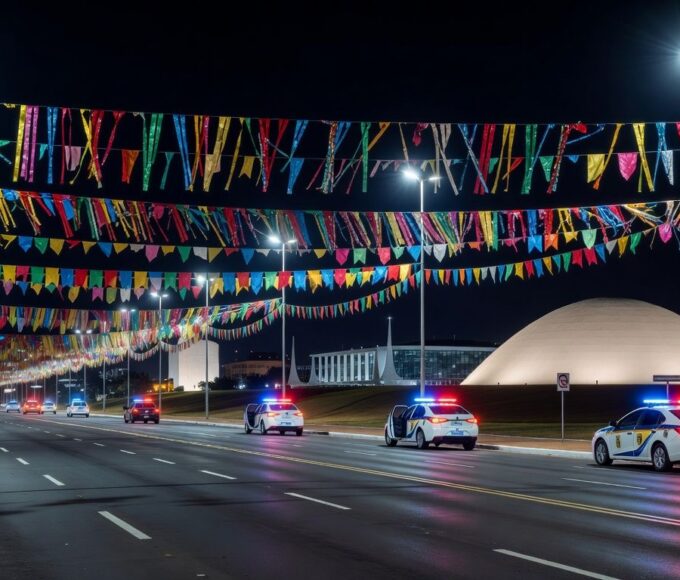 Rua em Brasília no Carnaval com confetes e viatura policial, simbolizando balanço positivo sem ocorrências graves.