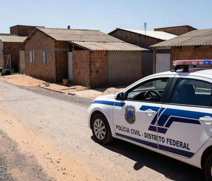 Viatura da polícia em rua da Cidade Estrutural, simbolizando apreensão de adolescente por suspeita de feminicídio.