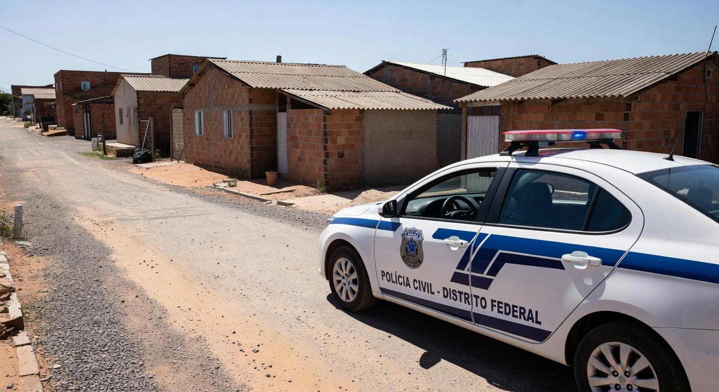 Viatura da polícia em rua da Cidade Estrutural, simbolizando apreensão de adolescente por suspeita de feminicídio.