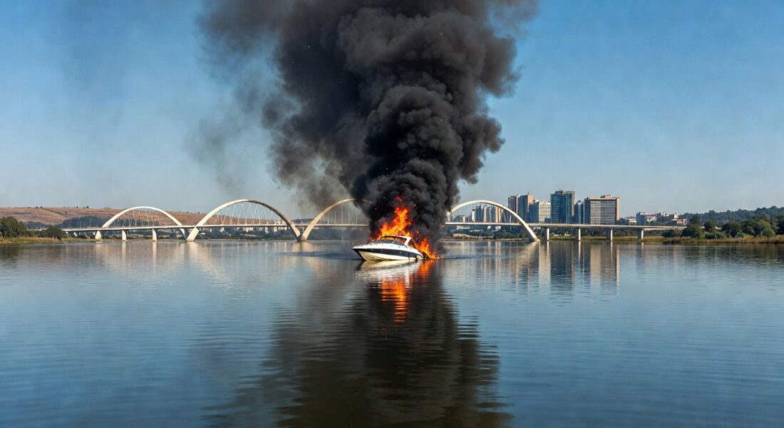 Lancha pegando fogo no Lago Paranoá, com fumaça e paisagem de Brasília ao fundo.
