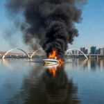 Lancha pegando fogo no Lago Paranoá, com fumaça e paisagem de Brasília ao fundo.