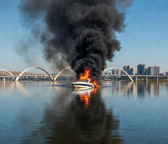 Lancha pegando fogo no Lago Paranoá, com fumaça e paisagem de Brasília ao fundo.