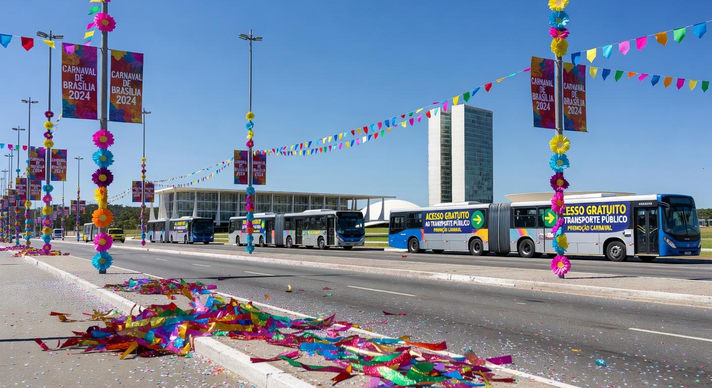 Rua festiva em Brasília no Carnaval 2026, com decorações e transporte gratuito, arquitetura icônica ao fundo.