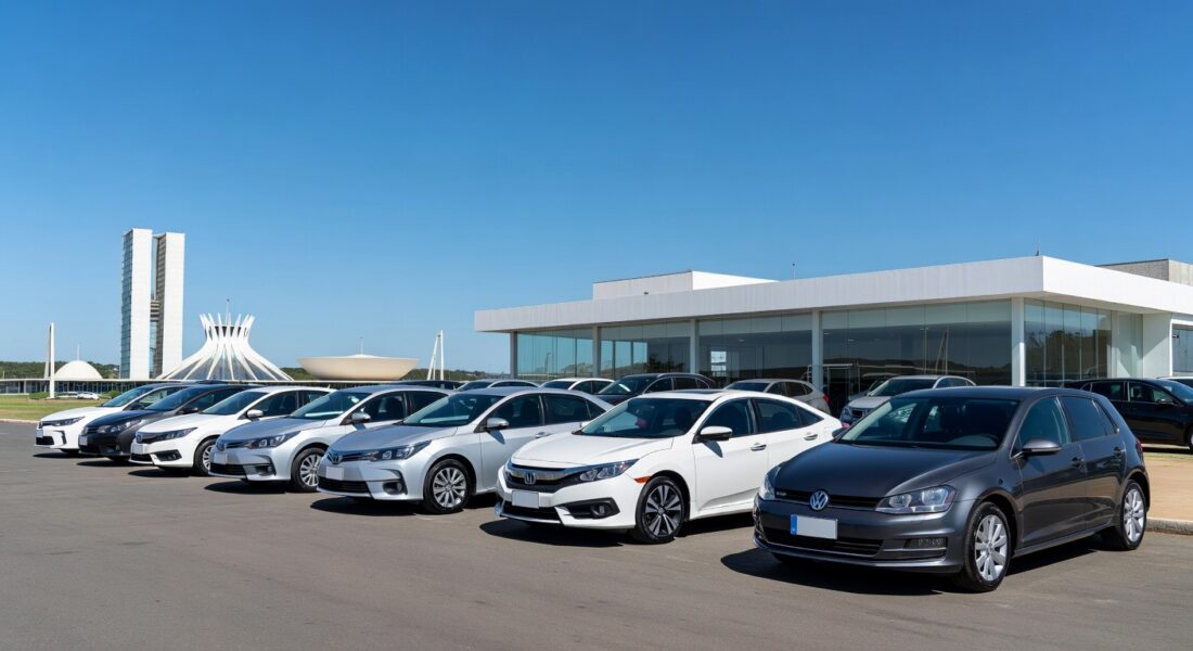 Concessionária de veículos em Brasília com carros novos, representando alta de 53% em financiamentos no Distrito Federal em 2024.
