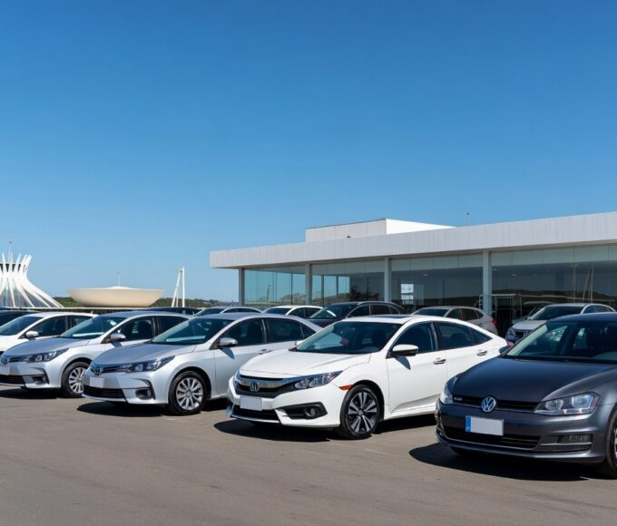 Concessionária de veículos em Brasília com carros novos, representando alta de 53% em financiamentos no Distrito Federal em 2024.