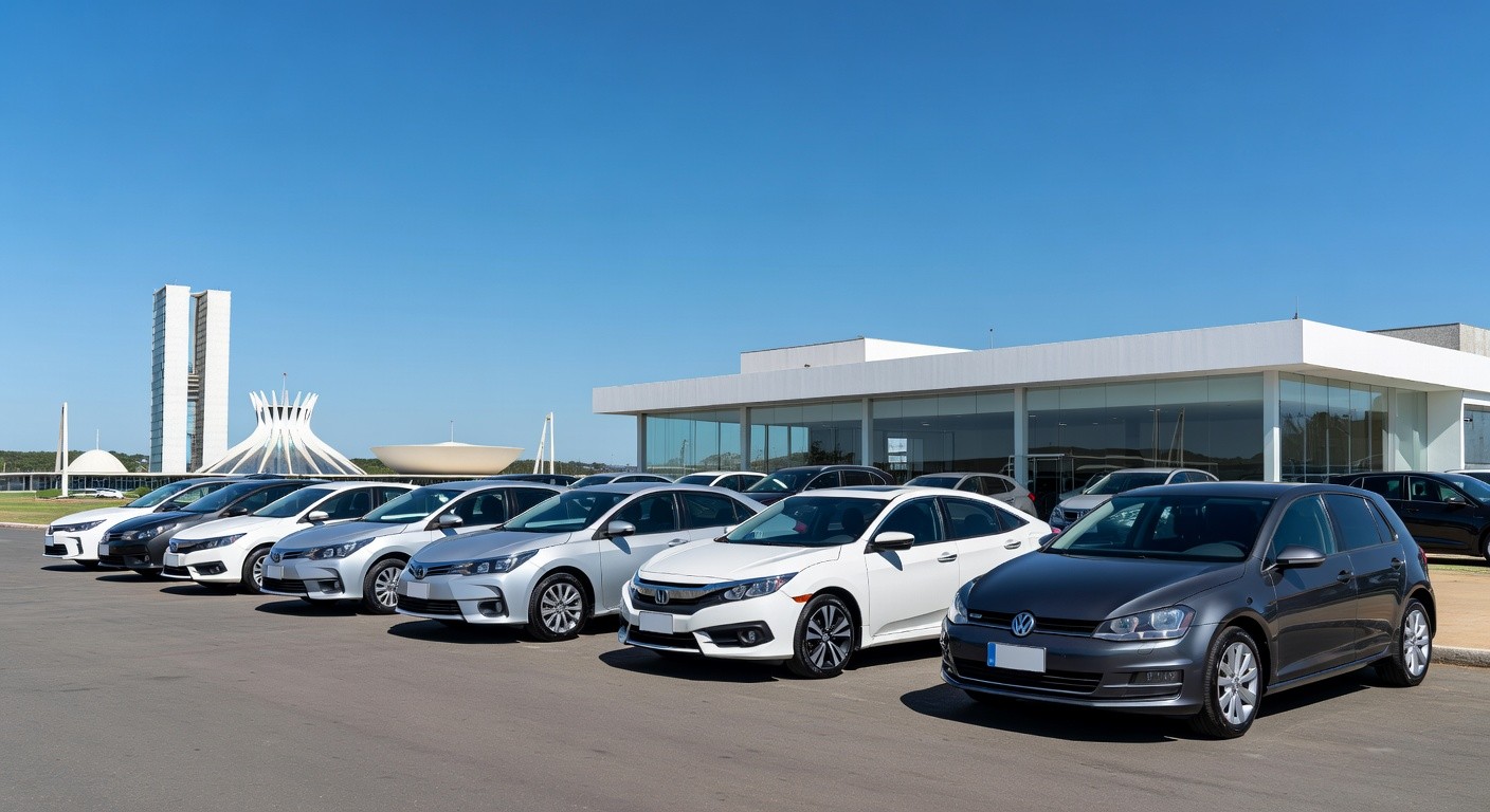 Concessionária de veículos em Brasília com carros novos, representando alta de 53% em financiamentos no Distrito Federal em 2024.