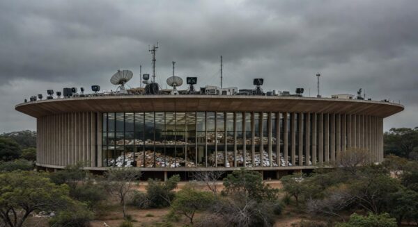 Edifício da CLDF em Brasília com telas de transmissão ao vivo borradas, representando críticas à ineficiência e falta de transparência.