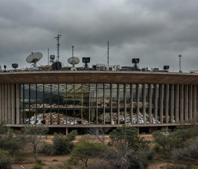 Edifício da CLDF em Brasília com telas de transmissão ao vivo borradas, representando críticas à ineficiência e falta de transparência.