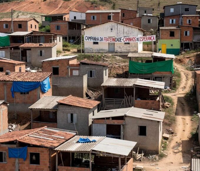 Área de favelas em Brasília contrastando com edifícios governamentais, representando crise habitacional no DF.
