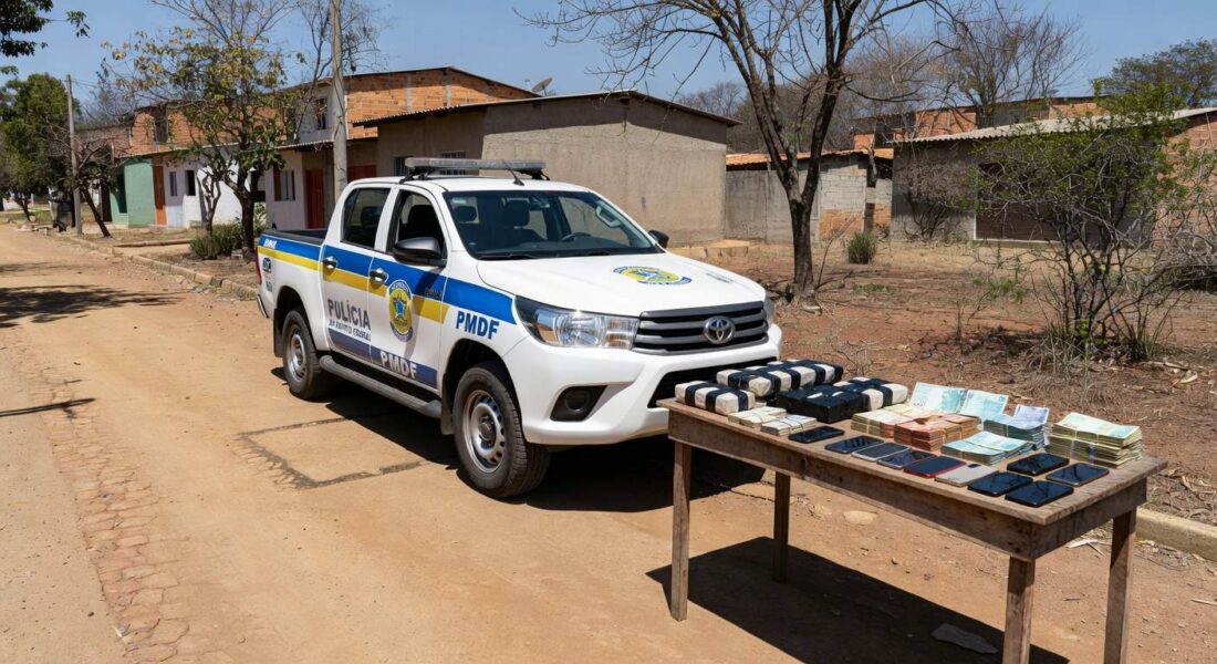 Viatura da Polícia Militar em rua de Arapoanga durante operação contra tráfico de drogas.