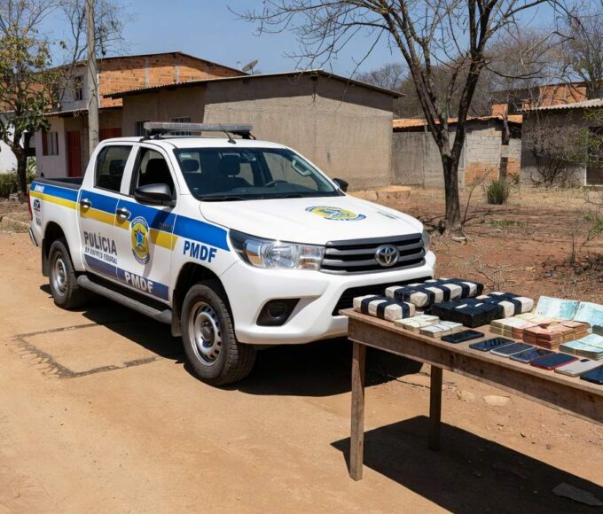 Viatura da Polícia Militar em rua de Arapoanga durante operação contra tráfico de drogas.