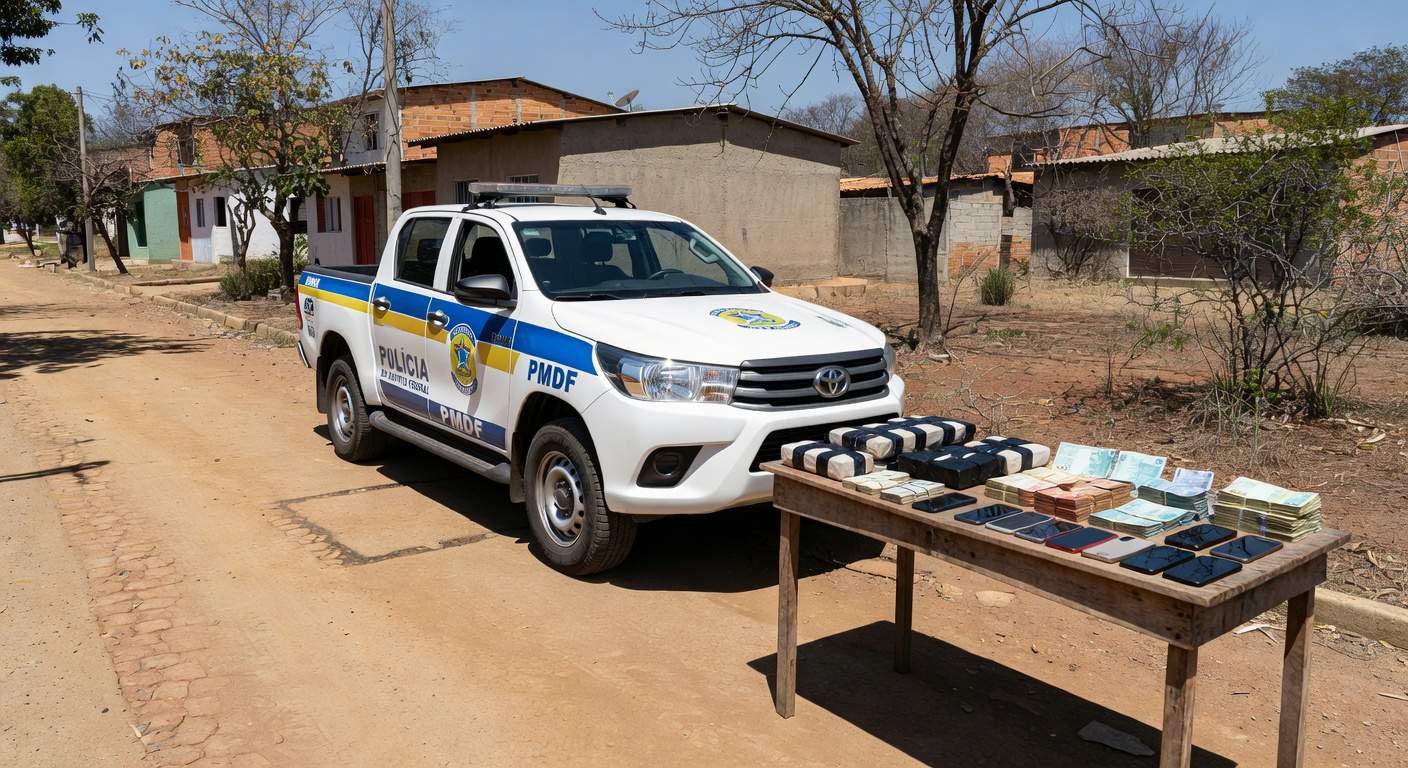 Viatura da Polícia Militar em rua de Arapoanga durante operação contra tráfico de drogas.