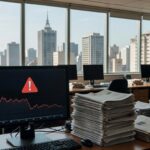 Redação de jornal vazia em São Paulo, representando crise no jornalismo por ausência de dados factuais e desinformação.