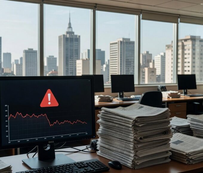 Redação de jornal vazia em São Paulo, representando crise no jornalismo por ausência de dados factuais e desinformação.