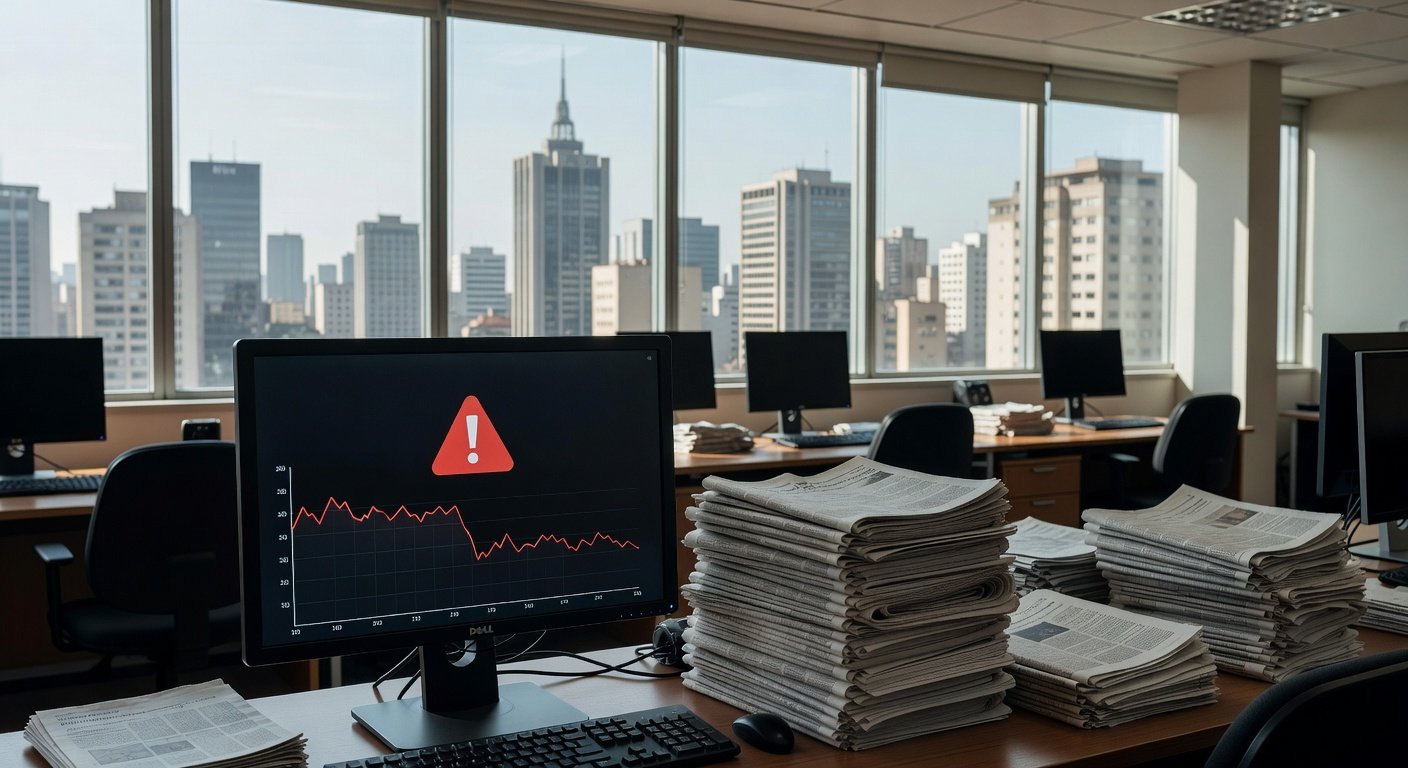 Redação de jornal vazia em São Paulo, representando crise no jornalismo por ausência de dados factuais e desinformação.