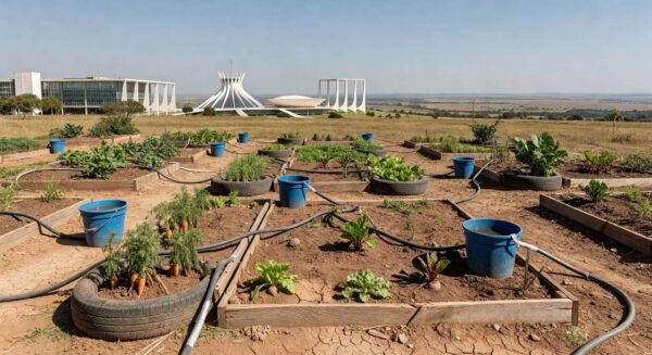 Horta urbana abandonada em Brasília, com plantas murchas, simbolizando travas na agricultura urbana no DF por deficiências da CLDF.