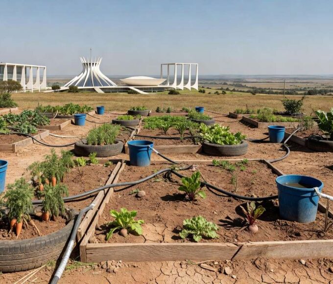 Horta urbana abandonada em Brasília, com plantas murchas, simbolizando travas na agricultura urbana no DF por deficiências da CLDF.