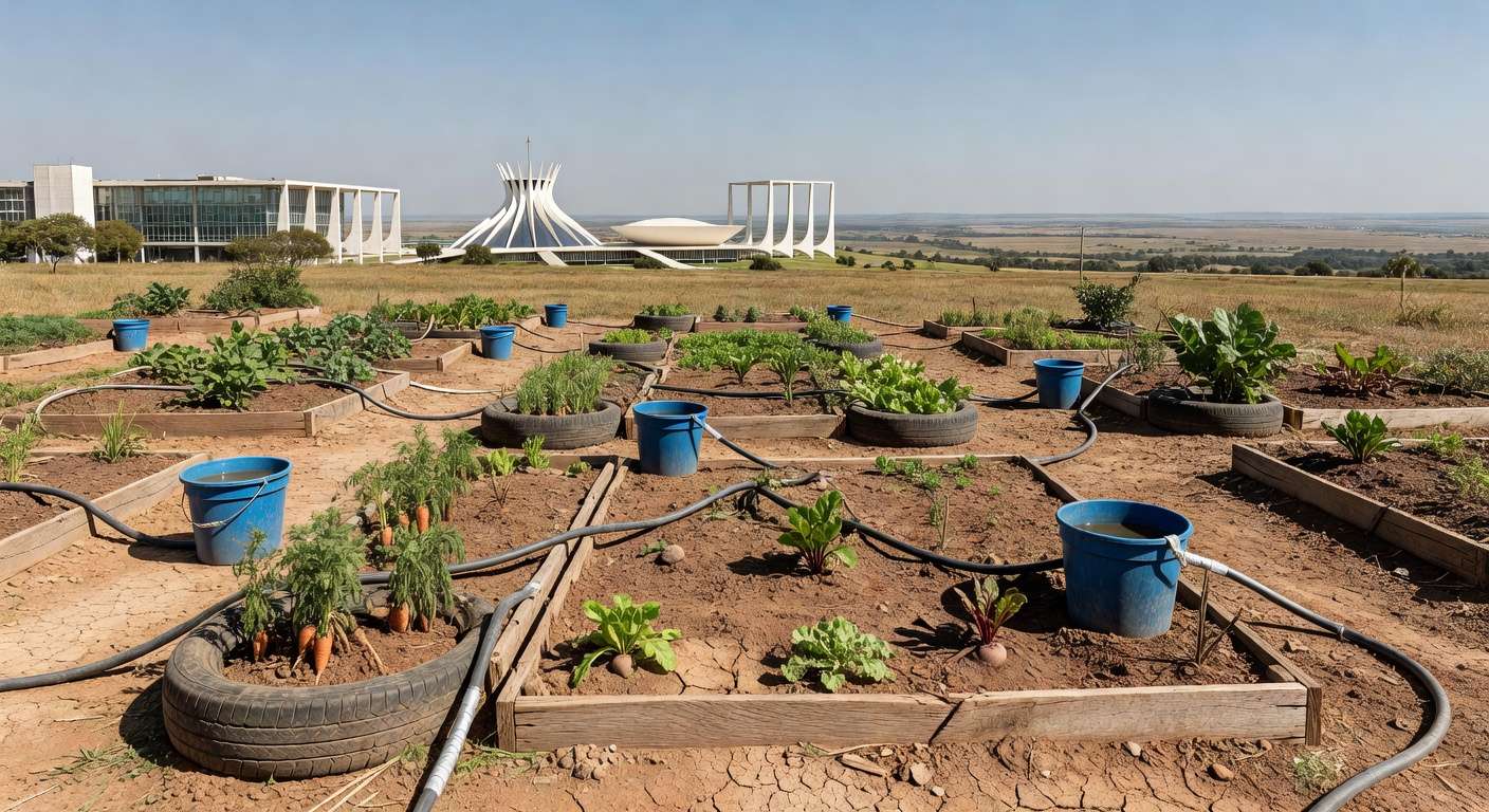 Horta urbana abandonada em Brasília, com plantas murchas, simbolizando travas na agricultura urbana no DF por deficiências da CLDF.