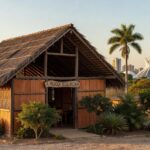 Restaurante Palhoça tradicional no Guará, Brasília, com estrutura rústica de palha e madeira, representando regularização após 48 anos.