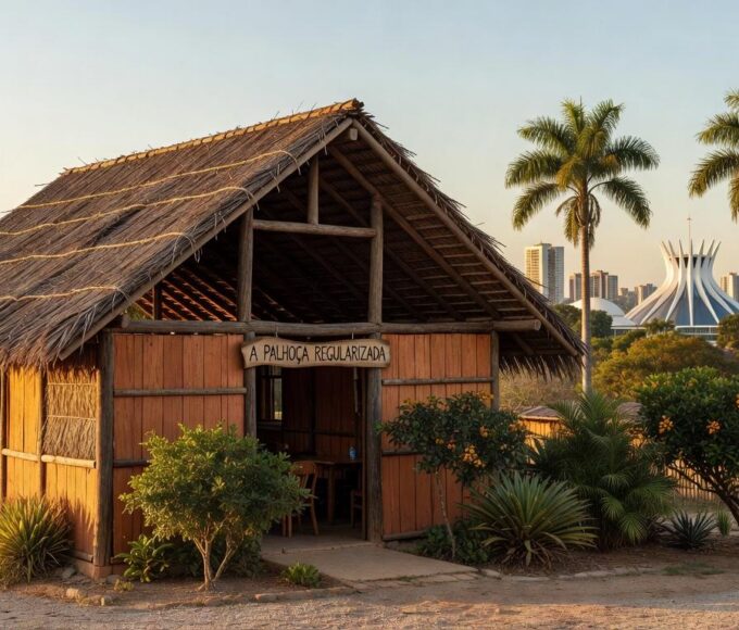 Restaurante Palhoça tradicional no Guará, Brasília, com estrutura rústica de palha e madeira, representando regularização após 48 anos.