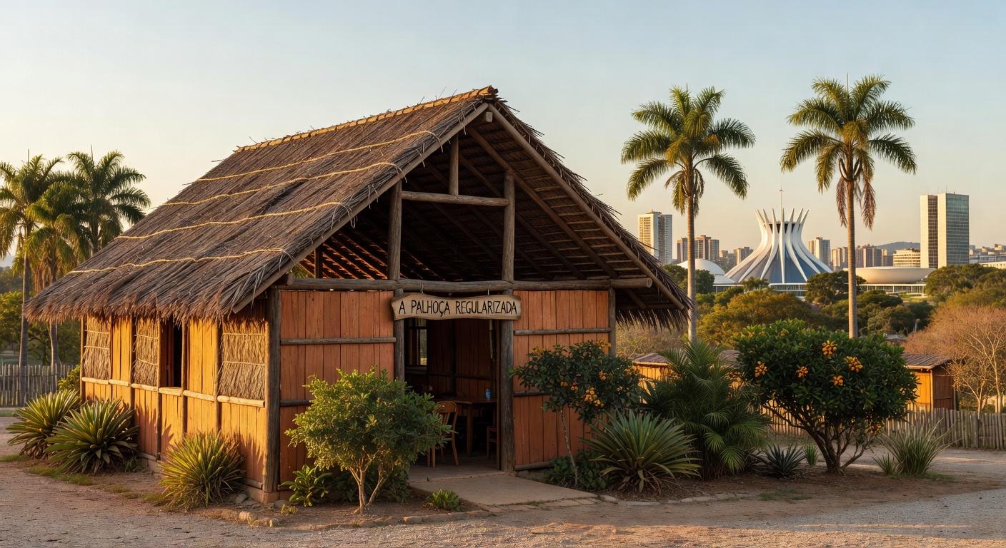 Restaurante Palhoça tradicional no Guará, Brasília, com estrutura rústica de palha e madeira, representando regularização após 48 anos.