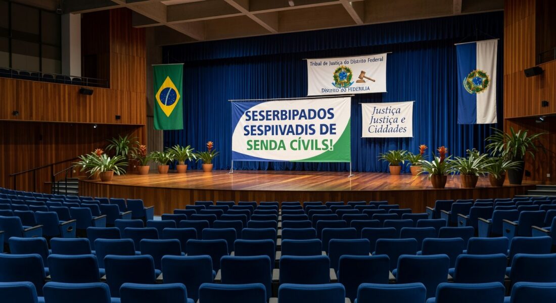Auditório do TJDFT em Brasília decorado para evento de homenagem a servidores, com bandeiras e palco simbólico.