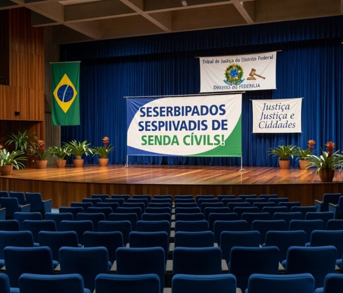Auditório do TJDFT em Brasília decorado para evento de homenagem a servidores, com bandeiras e palco simbólico.
