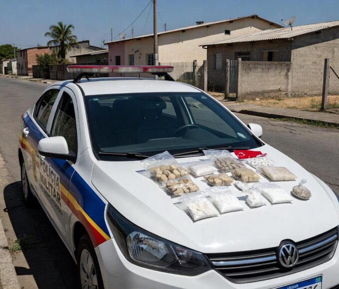 Viatura da Polícia Militar em rua de Santa Maria, DF, com drogas apreendidas em operação contra tráfico.