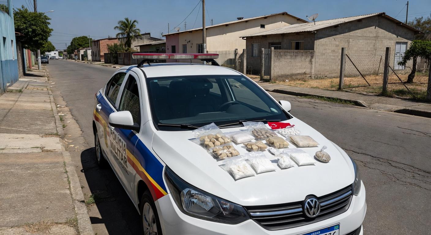 Viatura da Polícia Militar em rua de Santa Maria, DF, com drogas apreendidas em operação contra tráfico.