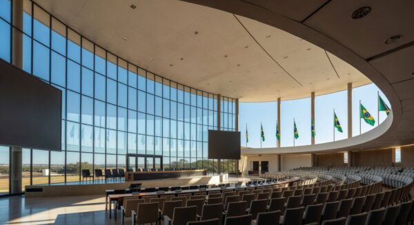 Vista do Congresso Nacional em Brasília durante conferência de segurança pública.
