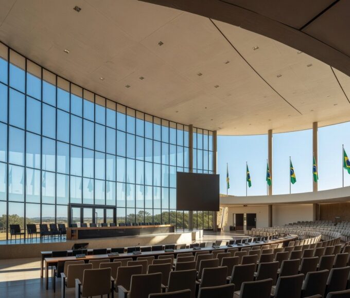 Vista do Congresso Nacional em Brasília durante conferência de segurança pública.