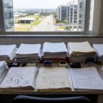 Mesa com pilhas de documentos e formulários da Caesb, representando burocracia no DF que complica inscrições para conselho de consumidores.